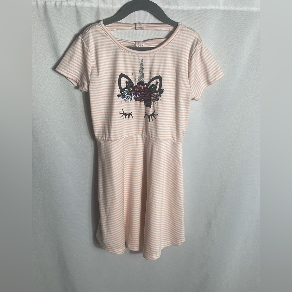btween Girls 6X Pink Striped Unicorn Sequin Dress Glitter Bow Back